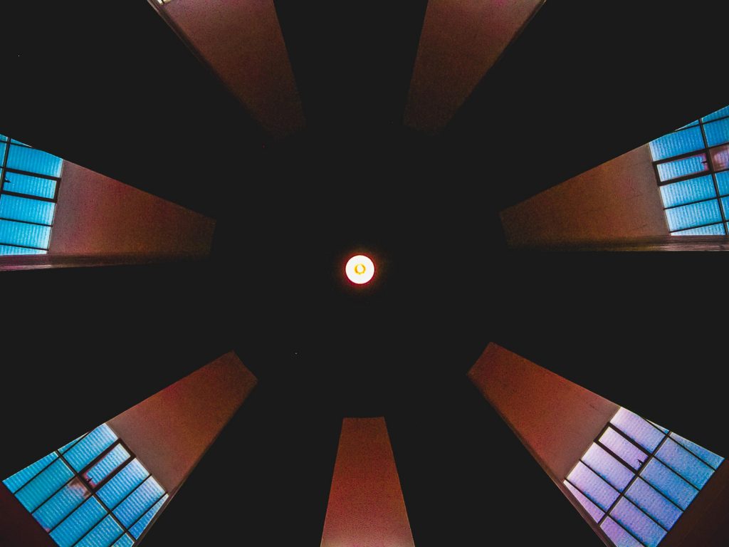 Abstract view of a church's roof with no light coming from the top